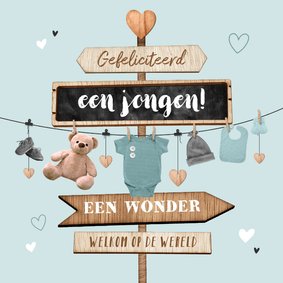 Felicitatiekaart baby geboorte jongen babyspul wegwijzers