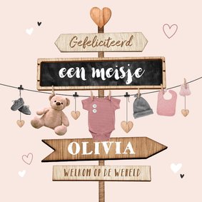 Felicitatiekaart baby geboorte meisje babyspul wegwijzers