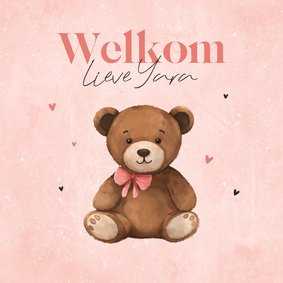 Felicitatiekaart baby meisje teddybeer hartjes lief