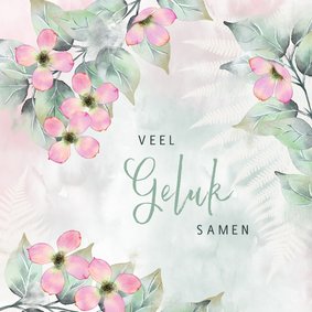 Felicitatiekaart bladeren met roze bloemen