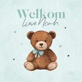 Felicitatiekaart blauw baby jongen teddybeer hartjes lief