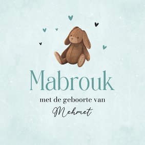 Felicitatiekaart blauw geboorte islamitisch jongen konijn