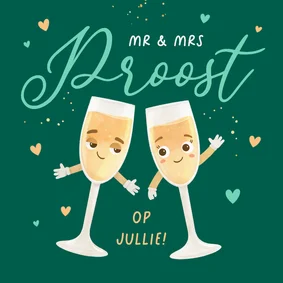 Felicitatiekaart champagne proost koppel getrouwd liefde