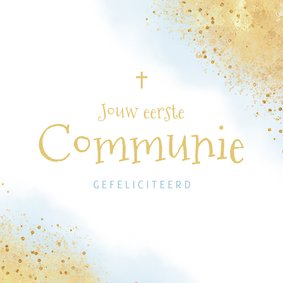 Felicitatiekaart eerste communie blauw waterverf goud