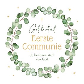 Felicitatiekaart eerste communie krans eucalyptus 