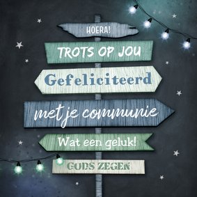 Felicitatiekaart eerste communie wegwijzers stoer lampjes 