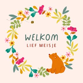 Felicitatiekaart geboorte bloemen beer