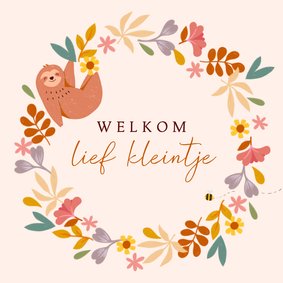 Felicitatiekaart geboorte bloemen luiaard