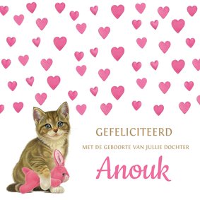 Felicitatiekaart geboorte dochter met hartjes en kitten