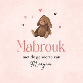 Felicitatiekaart geboorte islamitisch meisje roze konijn 