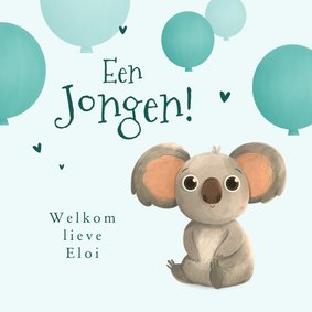 Felicitatiekaart geboorte jongen ballonnen koala beer