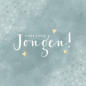 Felicitatiekaart geboorte jongen blauwe waterverf en hartjes