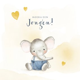 Felicitatiekaart geboorte jongen met olifantje en hartjes