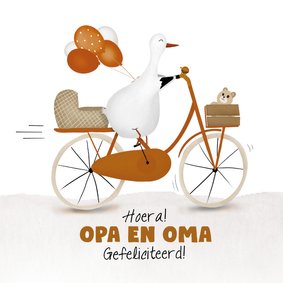 Felicitatiekaart geboorte kleinkind met ooievaar op de fiets
