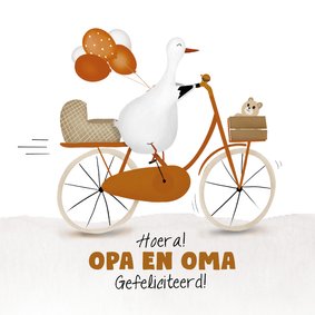 Felicitatiekaart geboorte kleinkind met ooievaar op de fiets