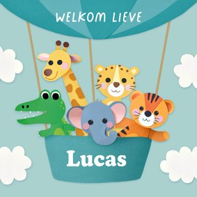 Felicitatiekaart geboorte luchtballon en dieren