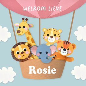 Felicitatiekaart geboorte luchtballon vol dieren roze