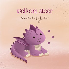 Felicitatiekaart geboorte meisje met paarse dino en hartjes