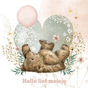 Felicitatiekaart geboorte meisje met zacht beertje en ballon