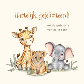 Felicitatiekaart geboorte met giraf, welpje en olifantje