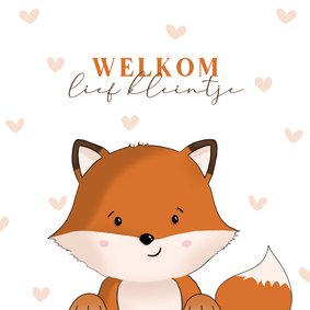 Felicitatiekaart geboorte met schattig vosje en hartjes