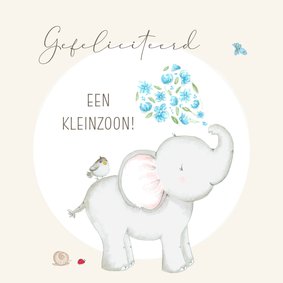 Felicitatiekaart geboorte - Olifant bloemen kleinzoon