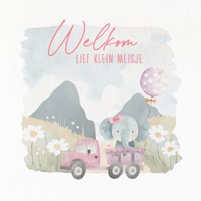 Felicitatiekaart geboorte olifant met strik in auto ballon