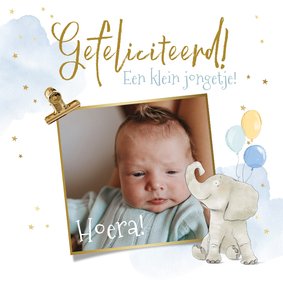 Felicitatiekaart geboorte olifant watercolour foto jongen 