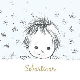 Felicitatiekaart geboorte pentekening babyhoofdje lichtblauw