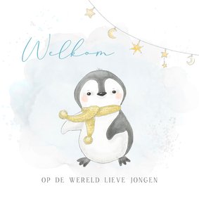 Felicitatiekaart geboorte pinguïn jongen watercolor winter