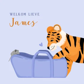 Felicitatiekaart geboorte tijger met wiegje en muis