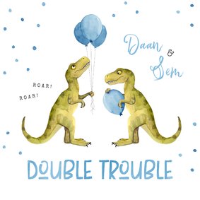 Felicitatiekaart geboorte tweeling dinosaurus double trouble