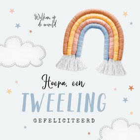 Felicitatiekaart geboorte tweeling wolkjes regenboog sterren