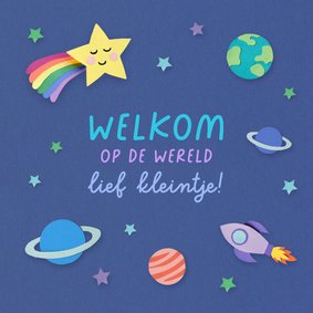 Felicitatiekaart geboorte vallende ster en planeten