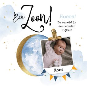 Felicitatiekaart geboorte zoon maan watercolour goudlook