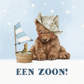 Felicitatiekaart geboorte zoon met beer en eendje in boot