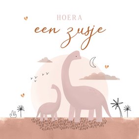 Felicitatiekaart geboorte zusje dinosaurussen jungle roze