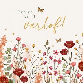 Felicitatiekaart geniet van je verlof bloemen vlinders