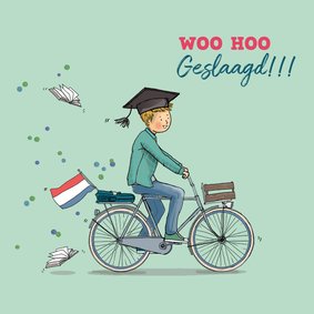 Felicitatiekaart geslaagd jongen op fiets