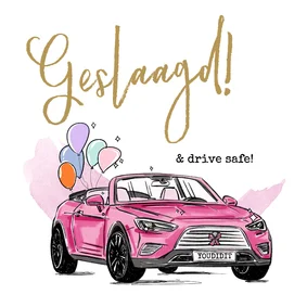 Felicitatiekaart geslaagd rijbewijs met roze auto