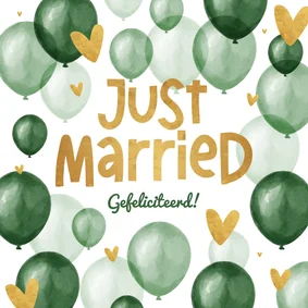 Felicitatiekaart getrouwd 'just married' ballonnen hartjes