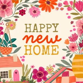 Felicitatiekaart happy new home met kleed planten en huisje