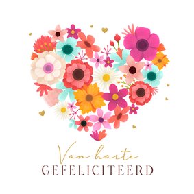 Felicitatiekaart hartvorm en bloemen en gouden hartjes