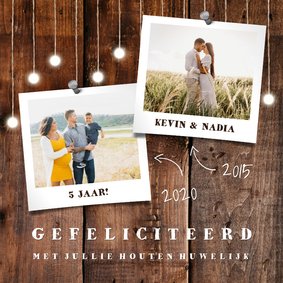 felicitatiekaart hout met hangende lampjes en foto's