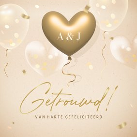Felicitatiekaart huwelijk met gouden 3d hartjes ballon