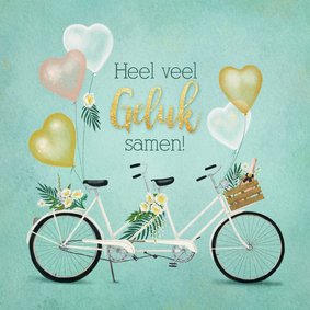 Felicitatiekaart huwelijk tandem met bloemen en ballonnen