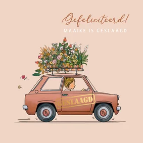 Felicitatiekaart kleine auto oranjerood 