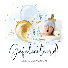 Felicitatiekaart kleinzoon ballonnen confetti hartjes goud