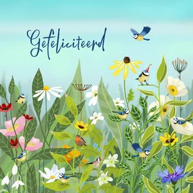 Felicitatiekaart met bloemen en pimpelmeesjes