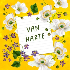 Felicitatiekaart met briefje en bloemen